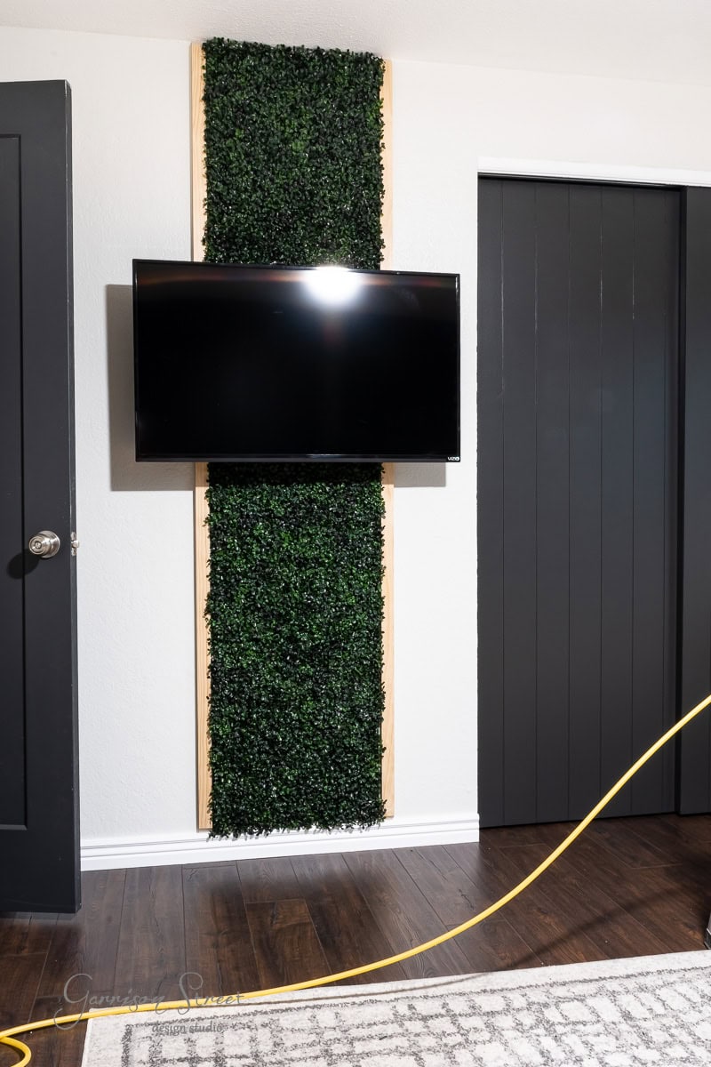 A flat-screen TV is mounted on a wall with a green wall behind it. A closed black door is to the right. A gray carpet lies on the dark wooden floor, with a yellow cable coiled near the bottom of the image.
