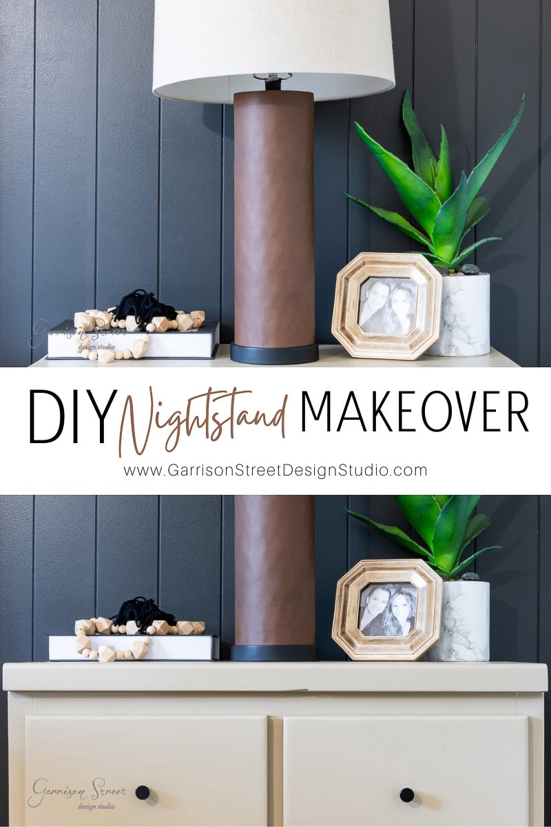 A nightstand featuring a brown leather lamp, a plant, and framed photos exudes charm with decorative wood beads. The dark paneled wall enhances its allure. Text overlay reads "DIY Dresser Makeover" and includes a website link.