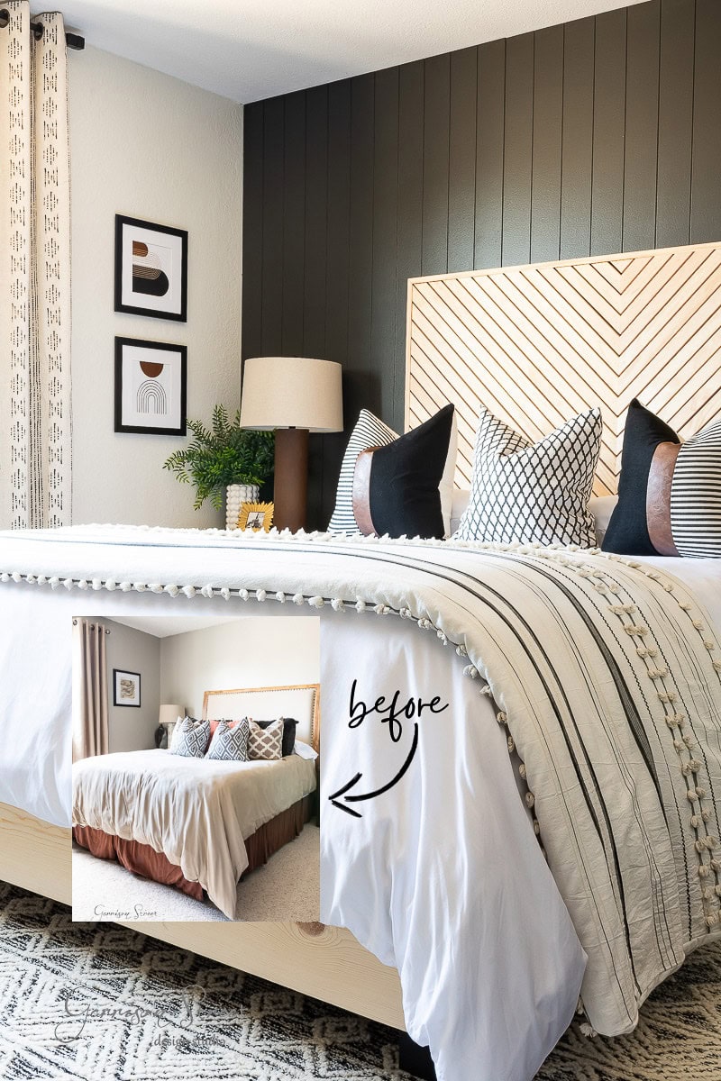 A modern guest bedroom features a bed with patterned pillows and a striped throw. The wall showcases vertical panels and framed art. An inset reveals a "before" image, illustrating the room's stylish makeover from its simpler, less decorated beginnings.