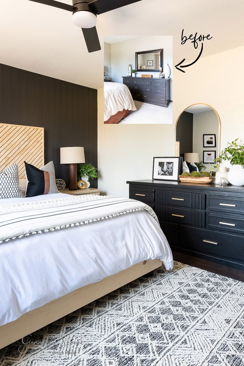A stylish guest bedroom makeover features a large bed with white and patterned linens, a dark accent wall, a black dresser adorned with decor and greenery, and a round mirror. An inset 'before' photo showcases the previous dresser arrangement.