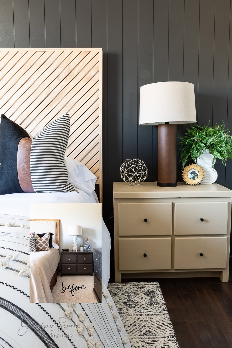 A modern guest bedroom makeover features a beige headboard and pillows on the bed, complemented by a light brown nightstand adorned with a lamp, geometric sculpture, and green plant. An inset image labeled "before" shows the transformation from the previous dark nightstand and decor.