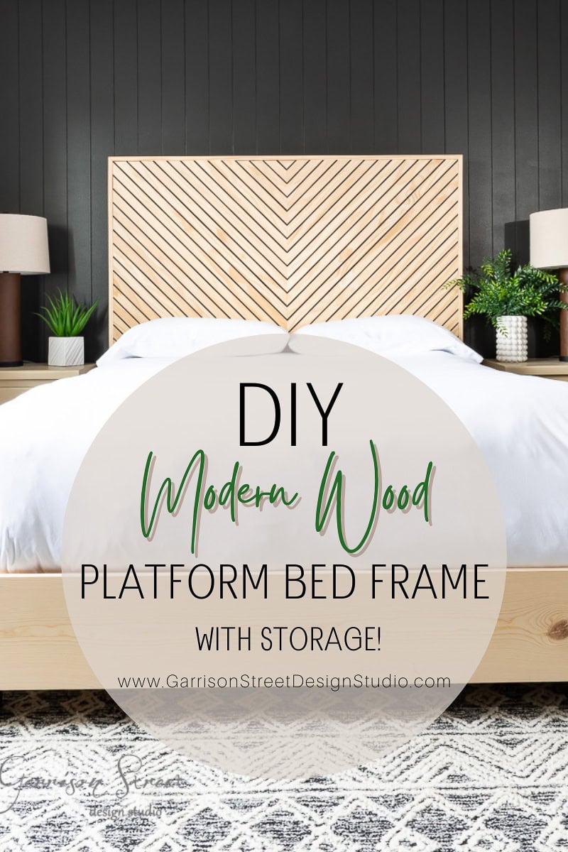 A modern bedroom showcases a DIY full-size wood platform bed frame with a chevron-patterned headboard. The bed is dressed in white bedding, flanked by wooden nightstands with lamps and plants. A text overlay reads: "DIY Modern Wood Platform Bed Frame with Storage!.