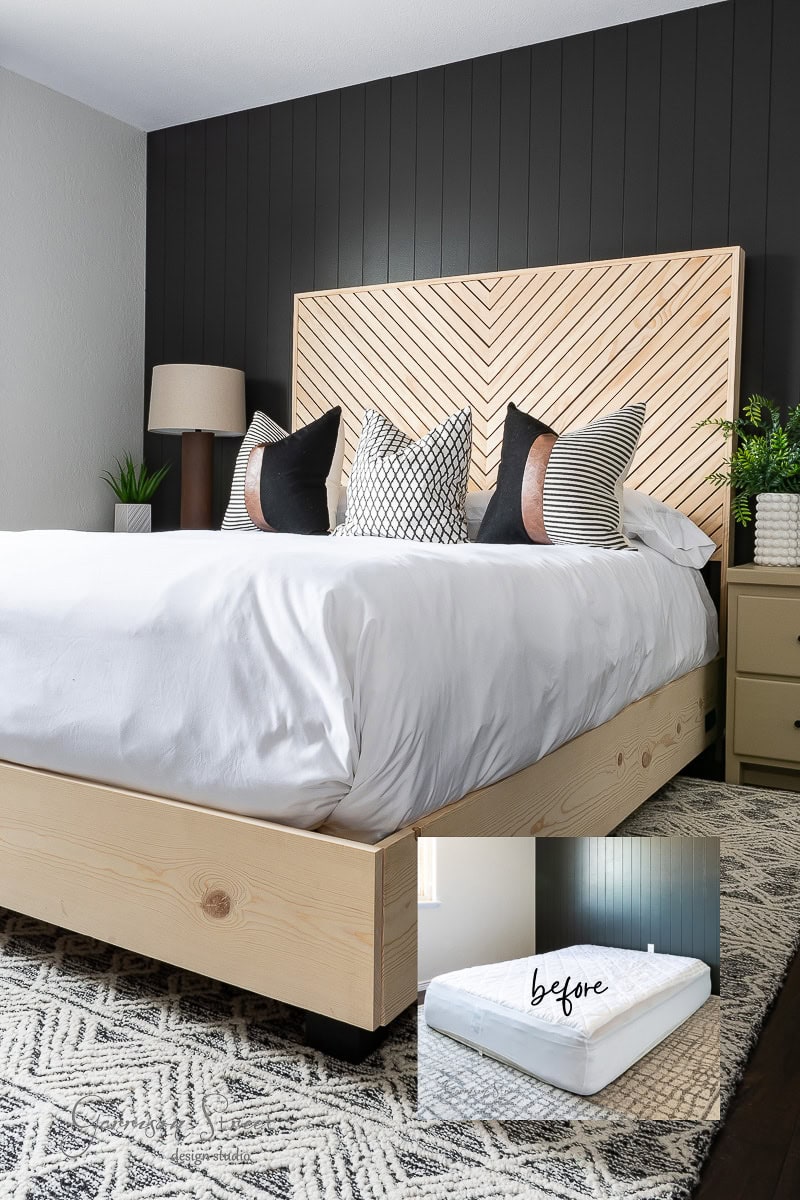 A modern bedroom features a DIY wooden bed frame with a chevron-patterned queen headboard and white bedding, accented by black and white pillows. A black paneled wall and a geometric gray rug complete the look. An inset shows the "before" view with just the mattress.