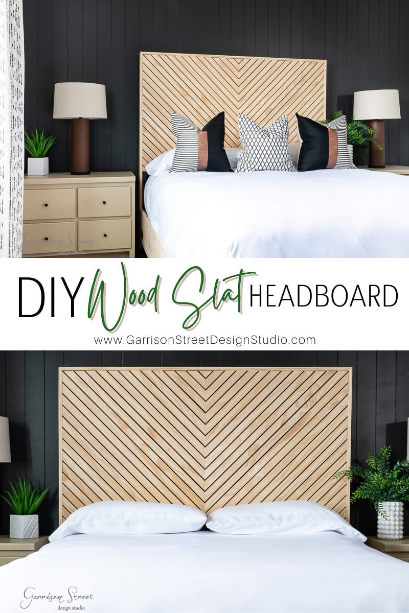A stylish bedroom showcases a DIY queen wood slat headboard with a herringbone pattern against a dark wall. The bed is adorned with white linens and decorative pillows, while nightstands flaunt lamps and potted plants. Text reads: "DIY Wood Slat Headboard.