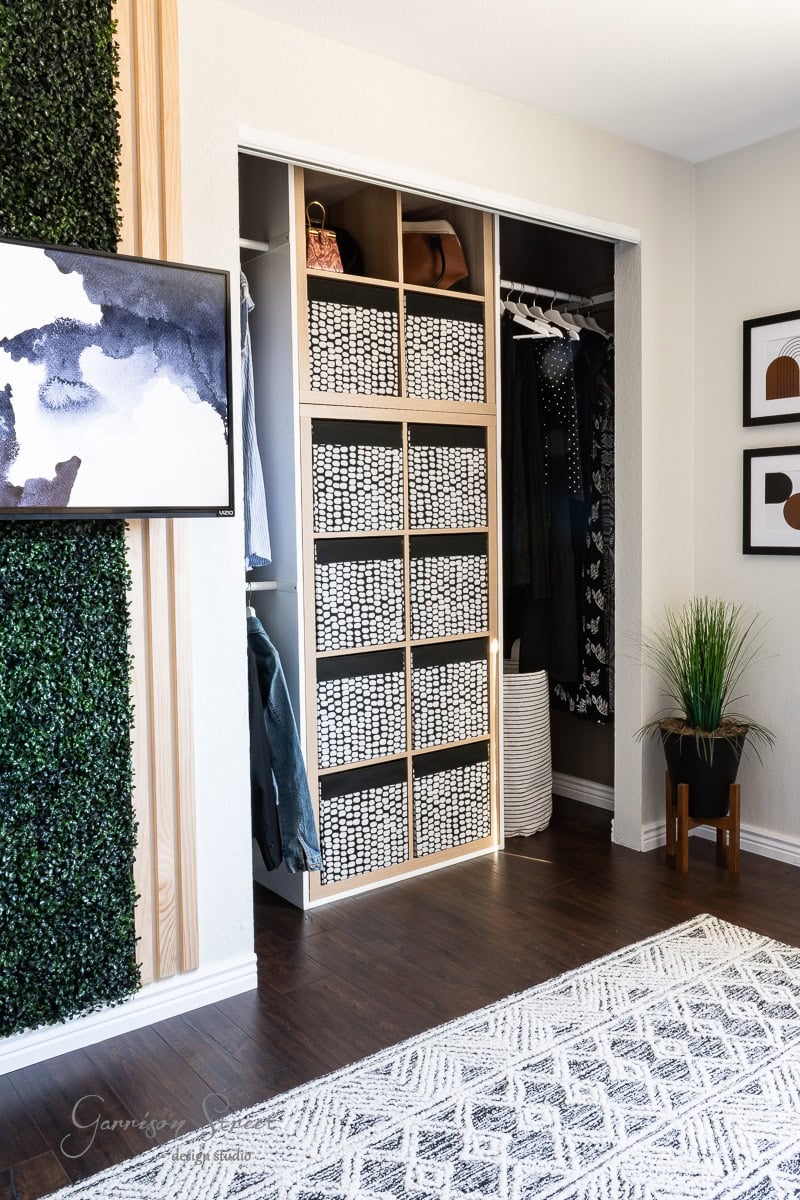 A tidy closet, transformed by a recent DIY makeover, features patterned storage boxes and hanging clothes revealed by sliding doors. The room boasts a dark wood floor, a decorative rug, a green plant on the floor, and framed art on the walls.