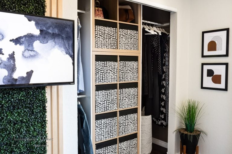A modern closet makeover features patterned storage bins and clothing hanging on racks. The room includes a large leafy plant, abstract wall art with geometric shapes, and a partially visible television. The DIY decor blends textures with neutral colors for a stylish finish.