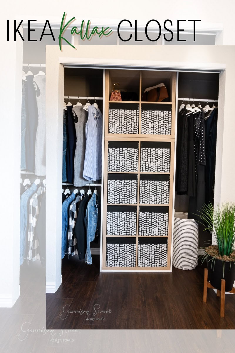 A closet makeover showcases an IKEA Kallax unit in the center, filled with patterned baskets. Clothes hang on both sides, featuring jeans and shirts. A woven basket with a plant rests on the dark wood floor, completing this DIY transformation.