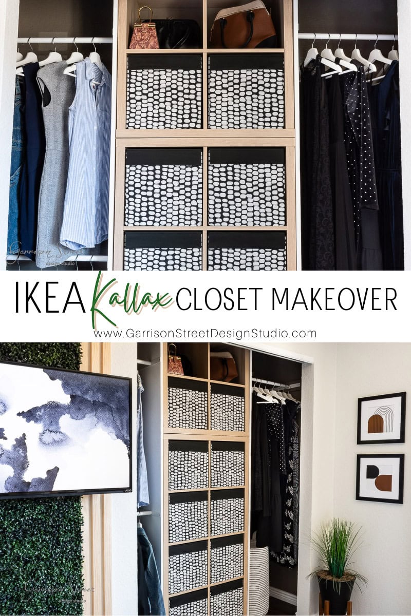 Closet makeover DIY: Transform your space with IKEA Kallax shelves hosting black and white patterned baskets. Clothes hang on either side, topped with decorative items. Framed art graces the adjacent wall, adding a splash of personality.