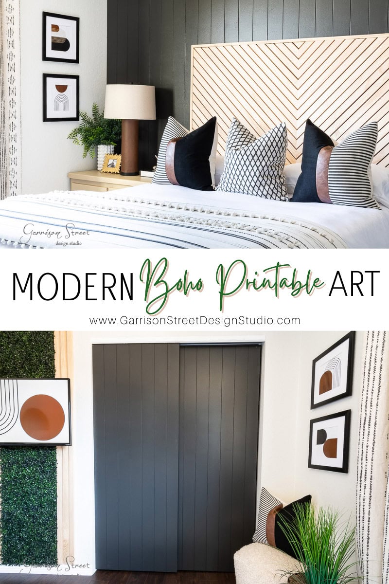 Modern bedroom featuring a black accent wall, geometric patterned pillows, and minimalist art. The text reads "Printable Boho Art" with a website link. White bedding contrasts with the dark wall, accented by a chevron design and bohemian decor elements.