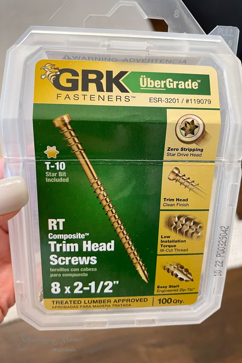 A package of GRK Fasteners UberGrade RT Composite Trim Head Screws. It contains 100 screws, each measuring 8 x 2-1/2", and features a T-10 star bit, zero stripping, and a W-Cut thread design.