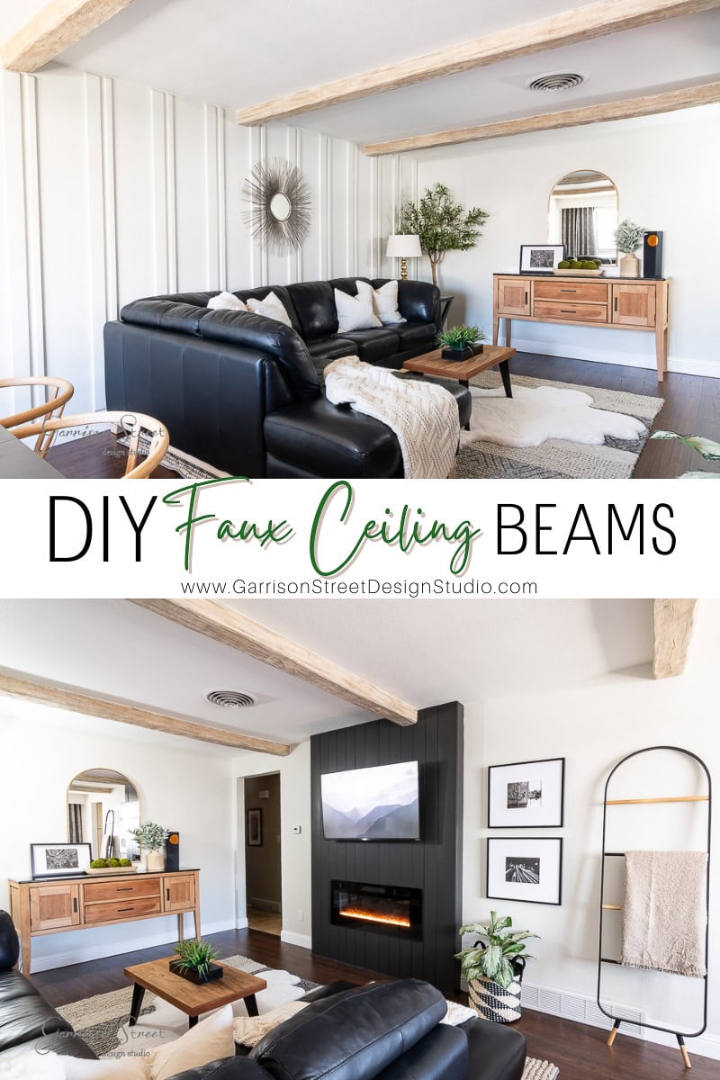 Split image showcasing a stylish living room. Top: Features black sofa, wooden sideboard, round mirror, and beige rug beneath DIY faux ceiling beams. Bottom: Black sofa faces a mounted TV and fireplace, with decorative ladder and plant. Text: "DIY Faux Ceiling Beams" and website URL.