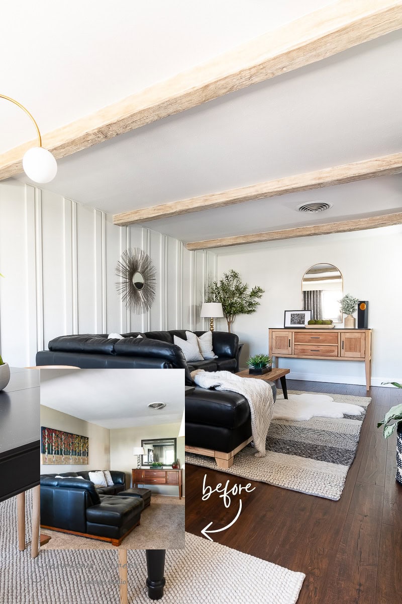 A living room makeover reveals a modern space with a black sectional sofa, faux wooden beams, a sunburst wall decoration, and a wooden sideboard. An inset "before" image contrasts previous furnishings and carpet.