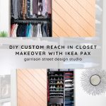 Image showing a reach-in closet makeover using IKEA PAX system. The upper section has neatly arranged shirts and pants; the lower section has shoes and accessories. A wooden sliding door with a diagonal pattern partially covers the closet.