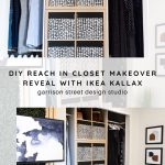 A closet makeover using IKEA KALLAX storage, featuring three organized racks of hanging clothes and patterned baskets. Decor includes abstract artwork and framed prints on adjacent walls.