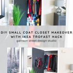 A coat closet makeover showing an open door revealing the before and after. Organized shelves, colorful coats, and storage bins. The visible room is decorated with a round mirror and plant on a cabinet. Text overlay reads "DIY Small Coat Closet Makeover with IKEA Trofast Hack.