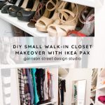 A small walk-in closet features neatly organized shoes, clothing, and accessories. Shoes are on shelves, clothes are hanging, and a mirror is visible. Text overlay reads: "DIY Small Walk-In Closet Makeover with IKEA Pax" by Garrison Street Design Studio.