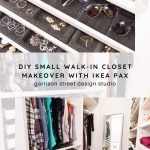 A neatly organized walk-in closet makeover featuring IKEA PAX. Top image shows sunglasses and jewelry arranged in open drawers. Bottom image displays clothes, shoes, and accessories with a large mirror reflecting the space.