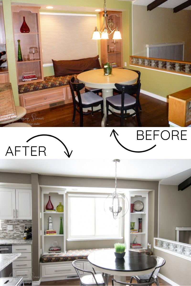 A before-and-after comparison of a dining nook. The "before" shows a green room with a small table and wooden benches. The "after" reveals a modern white and gray design with a round table, updated decor, and new lighting.