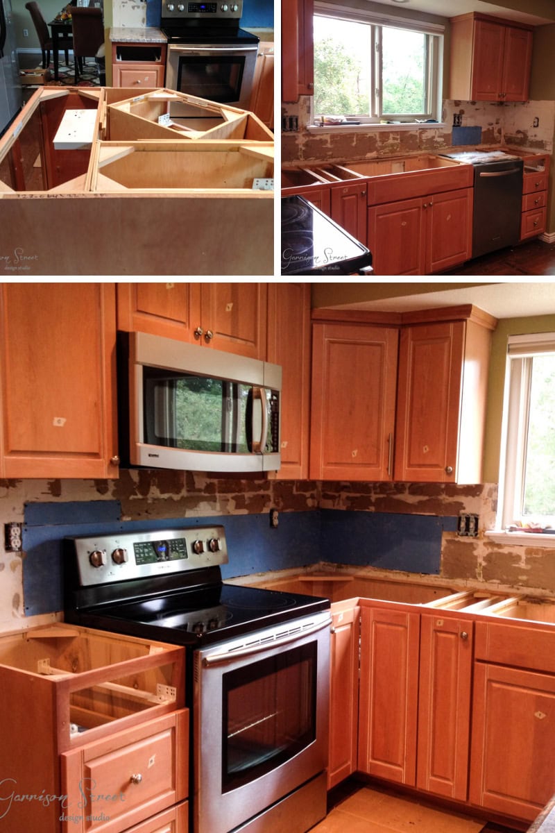 A kitchen renovation in progress. Upper images show brown cabinets and a window over a sink, with unfinished walls. Lower image features a stove with microwave above, surrounded by partially assembled cabinets.