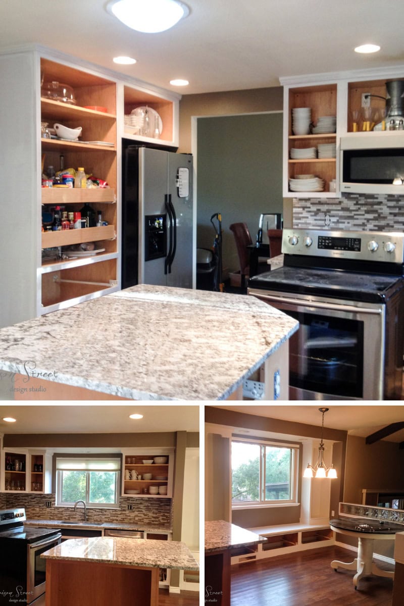 A modern kitchen with light-colored granite countertops and stainless steel appliances. Open cabinets display various kitchen items. Below, a dining area with a window seat and a table under a chandelier.