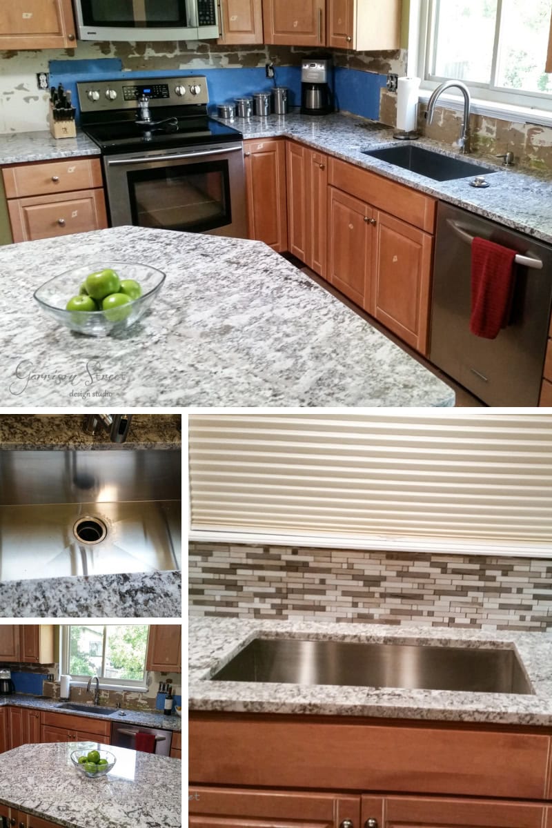 A modern kitchen featuring wooden cabinets, stainless steel appliances, and a granite countertop with a bowl of green apples. The backsplash includes a mosaic tile design. Multiple views show the sink and countertop close-ups.