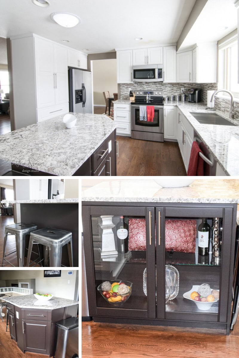 Modern kitchen collage with granite countertops, white and dark cabinets, stainless steel appliances, and wooden floors. Includes a central island, bar stools, and a cabinet with glass doors displaying wine and decor items.