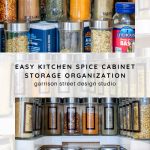 A well-organized kitchen spice cabinet filled with jars of various spices, each labeled. A label reads, "Easy Kitchen Spice Cabinet Storage Organization, Garrison Street Design Studio.