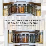 A neatly organized spice cabinet with labeled jars filled with various spices. The jars are arranged on shelves, with labels facing outward for easy identification. Text overlay reads "Easy Kitchen Spice Cabinet Storage Organization.