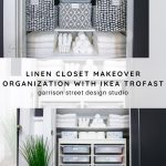 Linen closet organized with IKEA Trofast system. Upper shelves hold neatly folded towels and patterned bins. Lower section contains labeled drawers and plastic storage bins. A green plant sits beside the closet. Text overlay: "Linen Closet Makeover.