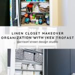 A before-and-after image of a linen closet makeover. The top half shows a cluttered closet with towels, linens, and toiletries . The bottom half displays the organized closet using IKEA Trofast storage bins and neatly arranged towels.