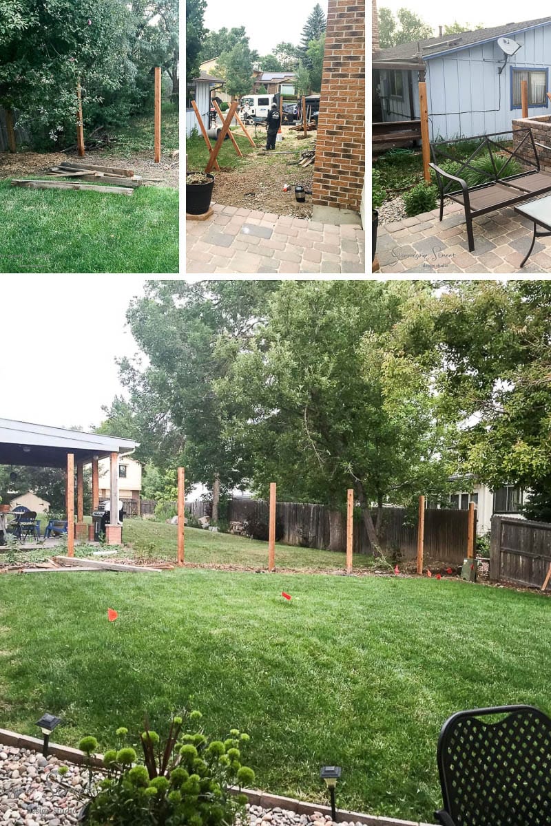 Collage of backyard fence installation: top left shows wood posts on grass; top middle shows posts on a paved patio; top right shows posts beside a house. The bottom image features a grassy yard with newly installed posts along the perimeter.