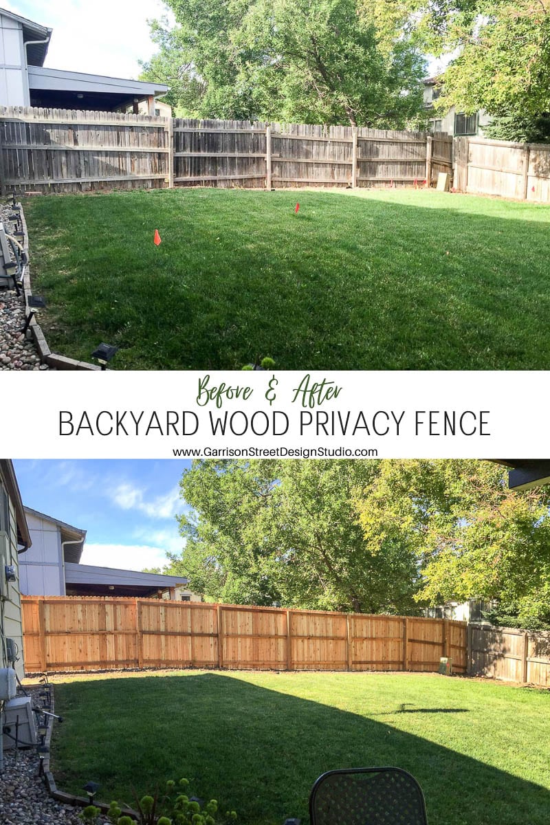 Top image shows a backyard with a wooden fence and green lawn. Bottom image shows the same yard with a new, taller wooden privacy fence enclosing it. Text reads "Before & After Backyard Wood Privacy Fence.
