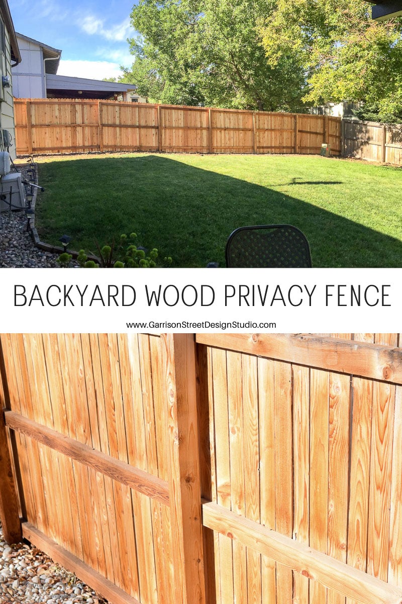 A backyard features a high wooden privacy fence under a clear sky. A chair is visible near the fence on a grassy lawn. The text "BACKYARD WOOD PRIVACY FENCE" is displayed across the image.