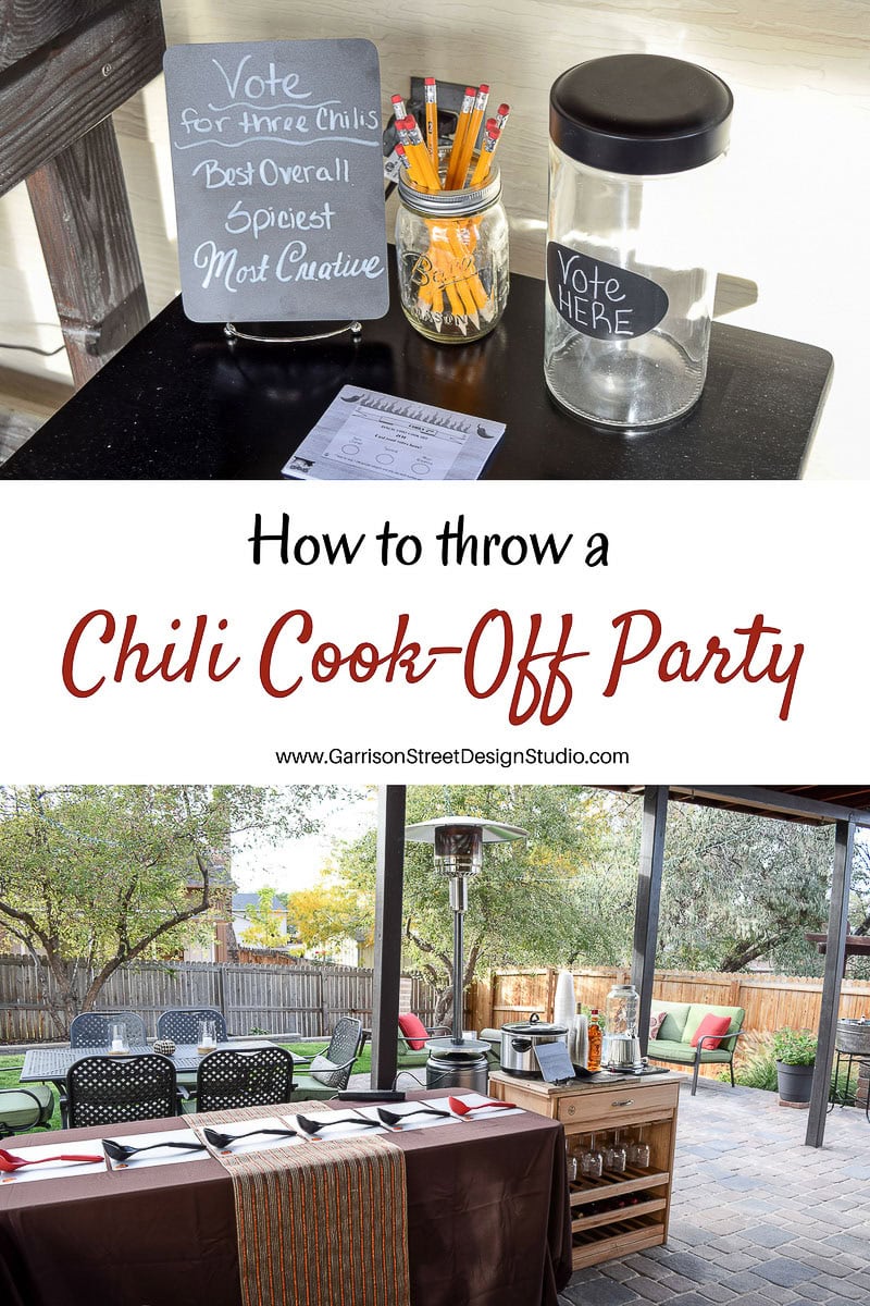 Image of a chili cook-off party setup. A table holds a jar labeled "Vote Here," a chalkboard with awards for chili, and pens with ballots. Below, a backyard scene shows a long table, chairs, and food stations under a patio with colorful cushions.