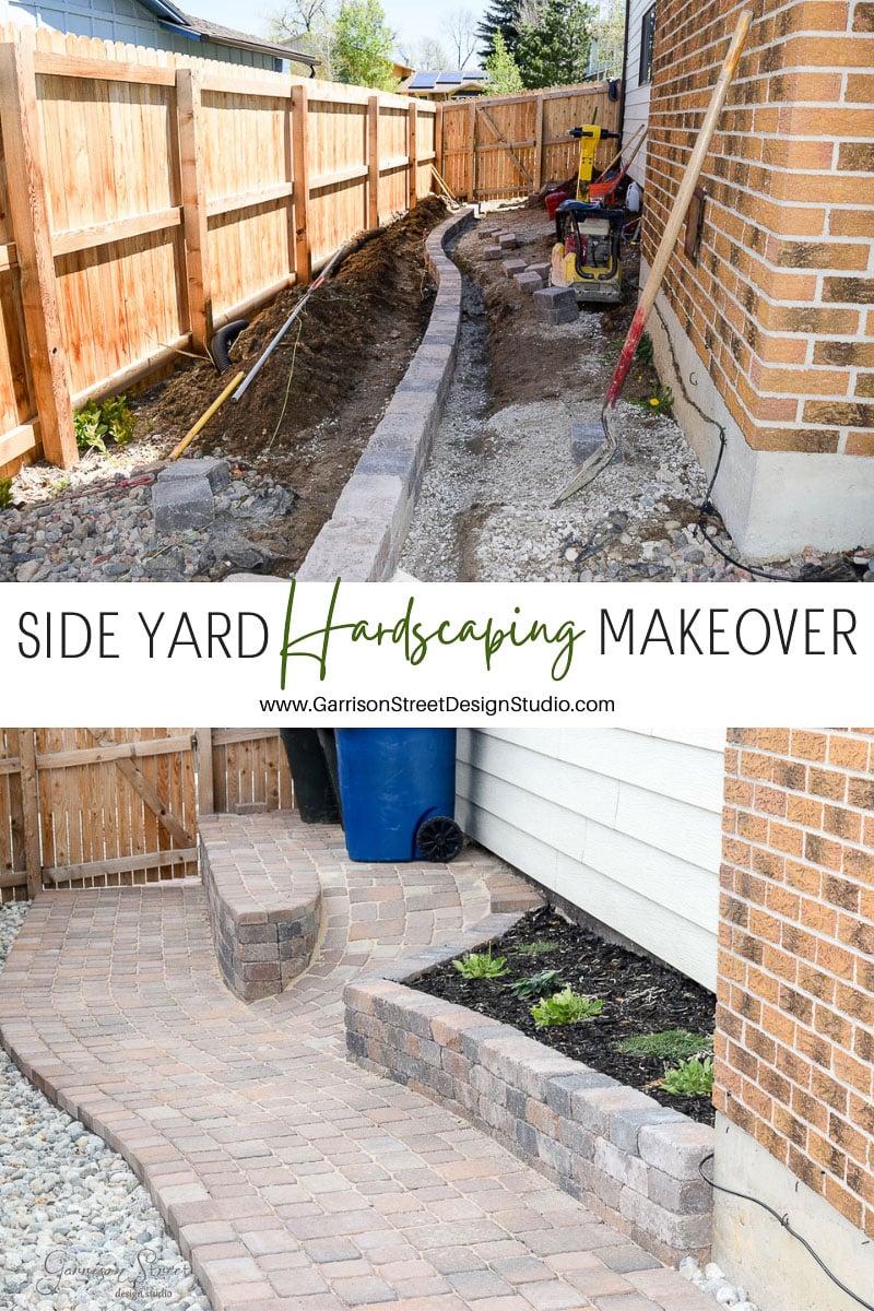 Top image shows a narrow side yard under construction with a partially built stone path next to a wooden fence. Bottom image reveals the completed yard with a curved stone path and raised stone flower beds against a house. Text reads "SIDE YARD Hardscaping MAKEOVER".