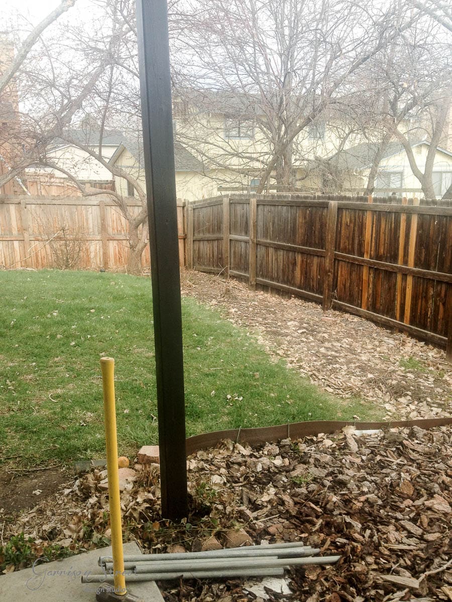 A backyard scene with a wooden fence and bare trees. A tall yellow pole is visible near a paved area covered in fallen leaves. The grass is patchy, and houses are visible in the background.