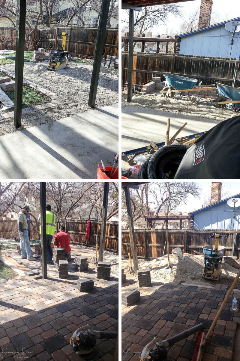A series of four images showing a backyard construction project. Workers are laying pavers on a patio, surrounded by tools, wheelbarrows, and piles of materials. The area is shaded by a wooden pergola, with trees and a house in the background.