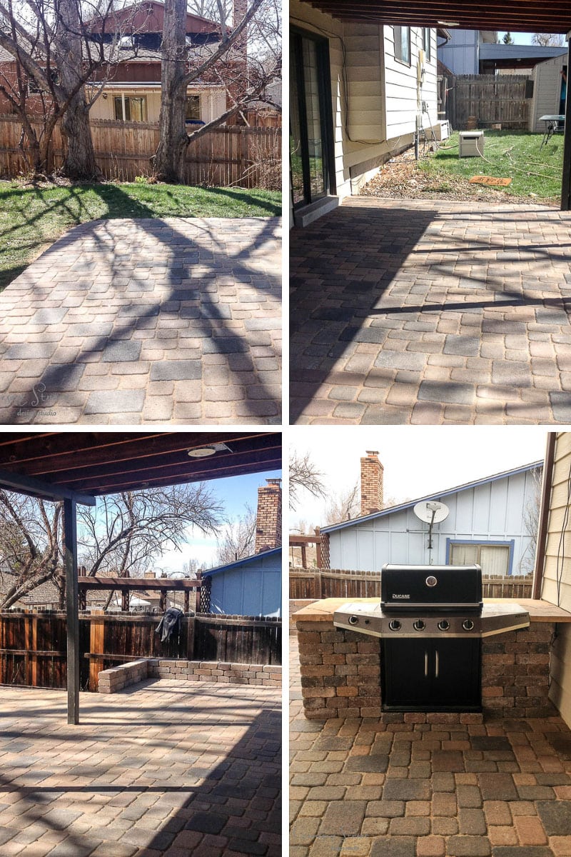 Collage of a backyard patio featuring brick pavers. Includes views of the yard, patio beneath an overhang, a barbecue grill with a brick surround, and a fenced area with leafless trees.