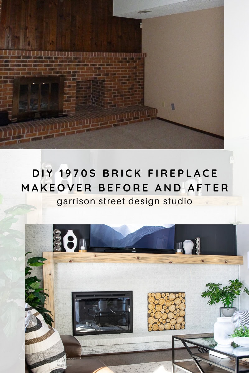 Before and after of a 1970s brick fireplace makeover; the old design features dark bricks and wood paneling, while the new design has a modern look with white paint, built-ins, and decorative wood accents.