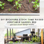 Close-up of young vegetable plants growing in a metal stock tank raised garden bed with drip irrigation; below, a large stock tank garden bed is on a patio with herbs and vegetables growing, outdoor furniture and a grill nearby.