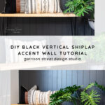 A modern bench with patterned pillows and a potted plant sits against a black vertical shiplap accent wall. Overlaid text reads: "DIY Black Vertical Shiplap Accent Wall Tutorial, garrison street design studio.