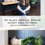 A smiling woman with wavy hair sits on the floor in front of a black vertical shiplap accent wall, next to a wooden bench with pillows and a plant. Text below describes a DIY shiplap wall tutorial.