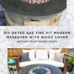 Collage showing a gas fire pit makeover: before with red lava rocks, after with white and black stones, and the fire pit in a modern patio setting with seating and decorative pillows. Text: DIY fire pit makeover with wood cover.