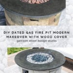 Collage showing a round stone gas fire pit with a modern dark wood cover, before and after makeover. The top image shows red lava rocks, the bottom shows blue glass rocks and white stones around the base.
