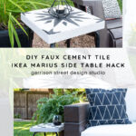 A small outdoor table with a black and white geometric tile design next to patio chairs with patterned pillows, surrounded by plants. Text: DIY Faux Cement Tile IKEA Marius Side Table Hack, Garrison Street Design Studio.