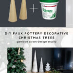 A collage showing gold cone forms and a tub of joint compound, with a finished mantel display of faux pottery decorative Christmas trees next to a garland and TV. Text reads: DIY Faux Pottery Decorative Christmas Trees.
