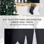 A decorated Christmas tree stands next to a shelf with three modern, white decorative Christmas trees and a black stocking. Text below reads: "DIY Faux Pottery Decorative Christmas Trees—Garrison Street Design Studio.