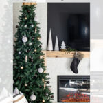 A decorated Christmas tree stands beside a modern fireplace with a TV above it. The mantel has faux pottery trees, candles, and a stocking. Text reads, "DIY Faux Pottery Decorative Christmas Trees.