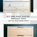 Two images show a wooden IKEA dresser before and after a DIY hack. The top image is a plain dresser; the bottom image features the same dresser with added fluted panels and sleek black handles. Text labels the DIY project.