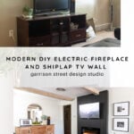 A collage shows a living room before and after a DIY makeover. The "before" has a dark TV stand and plain wall; the "after" features a shiplap wall with a mounted TV above an electric fireplace in a stylish, modern setting.